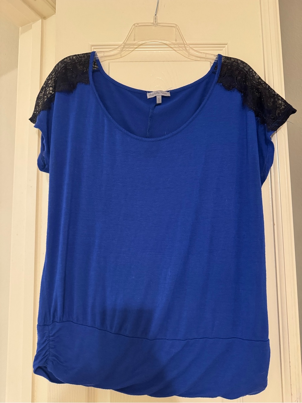 Charlotte Russe Royal Blue Short Sleeve Top with Black Lace Trim